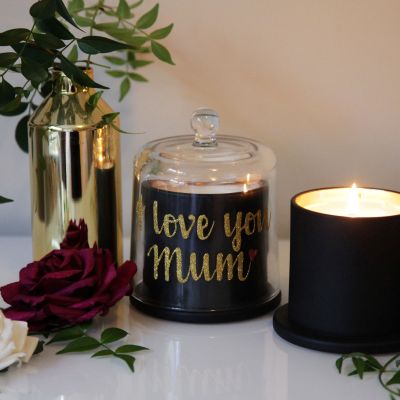 Personalised Mothers Day Black Soy Candle with Glass Cloche - Style 7 in Gold Glitter