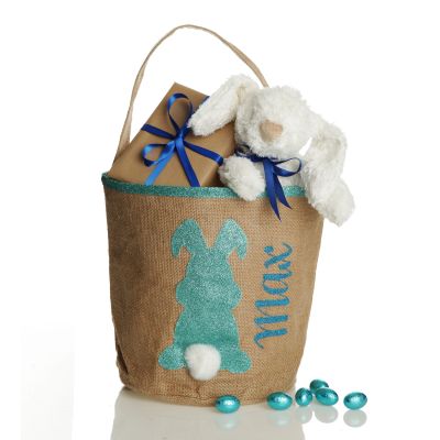Personalised Natural Burlap Easter Bag with Blue Glitter Trim and Blue Glitter Bunny