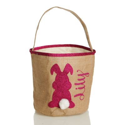 Personalised Natural Burlap Easter Bag with Hot Pink Glitter Trim and Bunny