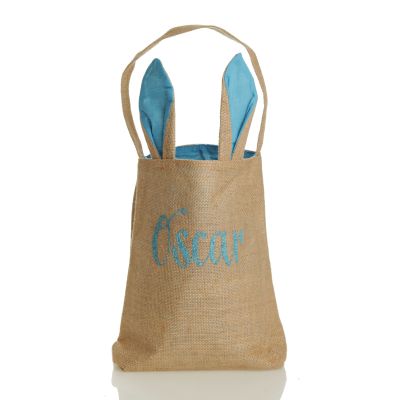 Personalised Natural Burlap Tote Bag with Blue Bunny Ears - Style 7 in Blue Glitter