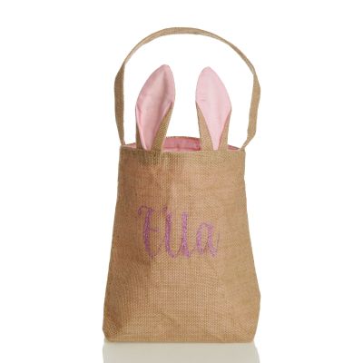 Personalised Natural Burlap Tote Bag with Pink Bunny Ears - Style 1 in White