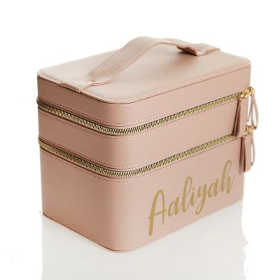 Personalised Nude Double Compartment Beauty Case with Mirror