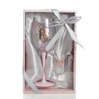 Personalised Pastel Iridescent 18th Wine Glass and Shot Set