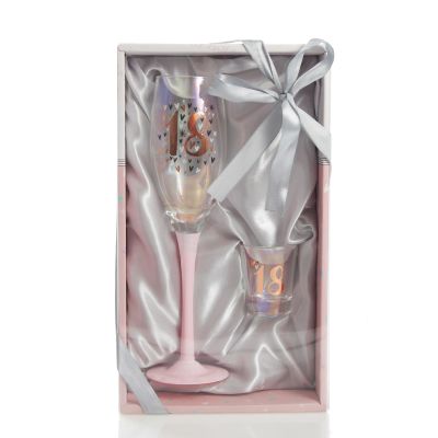 Personalised Pastel Iridescent 18th Champagne Flute and Shot Set