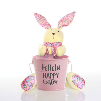 Personalised Pink Happy Easter Bucket with Yellow Calico Bunny Gift Pack
