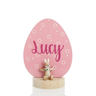 Personalised Pink Easter Egg Ornament with Bunny Figurine