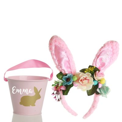Personalised Easter Hunt Pink Floral Bunny Ears Easter Headband and Bucket Pack