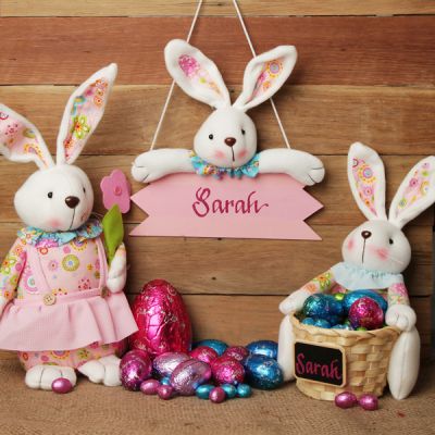 Personalised Pink Easter Plaque with Plush Bunny