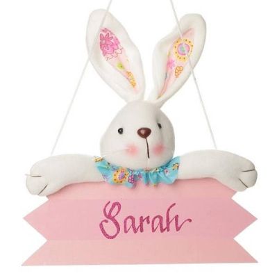 Personalised Pink Easter Plaque with Plush Bunny