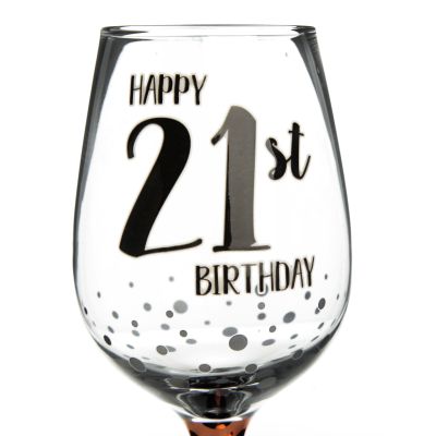 Personalised Rose Gold Happy 21st Birthday Wine Glass