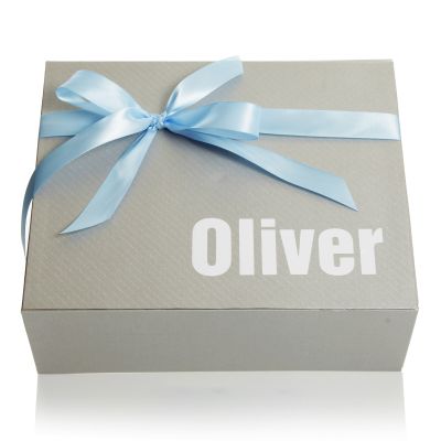 Personalised Silver Gift Box with Baby Blue Ribbon