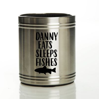 Personalised Eats Sleeps Fishes Stainless Steel Stubby Cooler