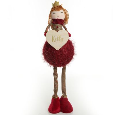 Personalised Standing Burgundy Angel with Crown and Timber Heart