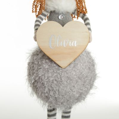 Personalised Standing Grey Angel with Crown and Timber Heart