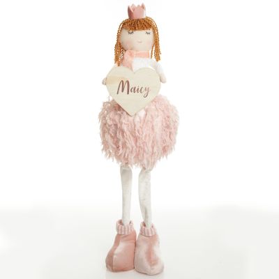 Personalised Standing Pink Angel with Crown and Timber Heart