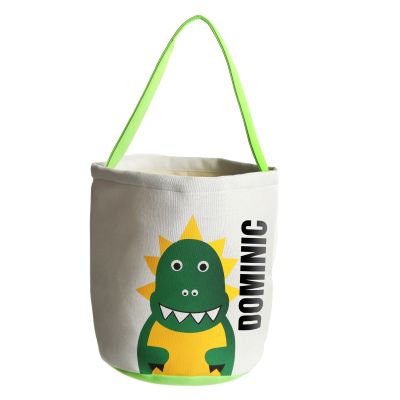 Personalised White Canvas Bucket Bag with Green Dinosaur