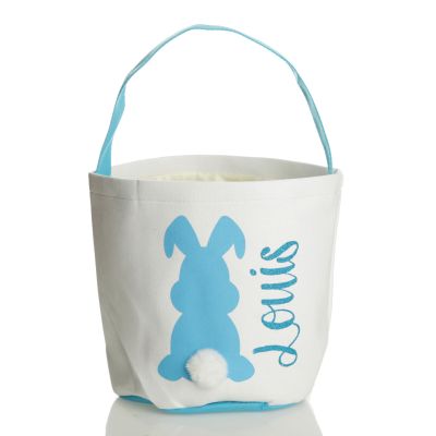 Personalised White Canvas Easter Bucket Bag with Blue Printed Bunny and Fluffy Tail