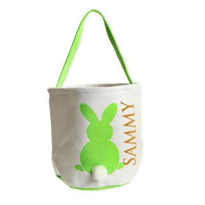 Personalised White Canvas Easter Bucket Bag with Lime Printed Bunny and Fluffy Tail