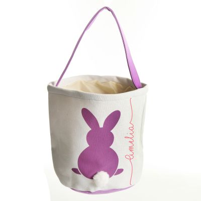 Personalised White Canvas Easter Bucket Bag with Purple Printed Bunny and Fluffy Tail