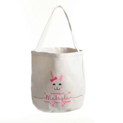 Personalised White Canvas Easter Bucket Bag with Pink Bunny