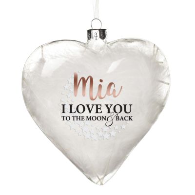 Personalised White Feather Glass Heart - Love you to the Moon