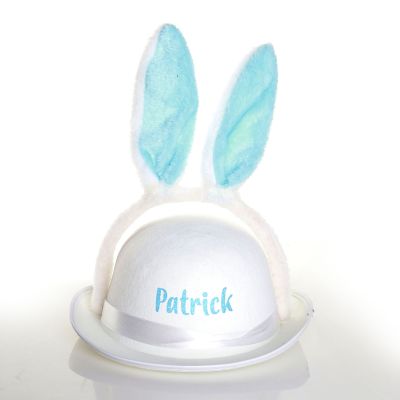 Personalised White Felt Easter Hat with Blue Fluffy Bunny Ears