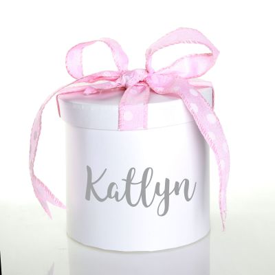 Personalised White Round Gift Box with Baby Pink Ribbon Bow