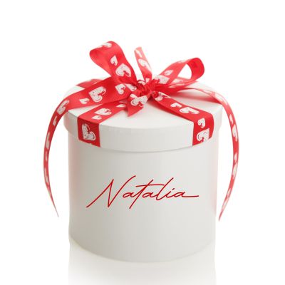 Personalised White Round Gift Box With Red Heart Ribbon