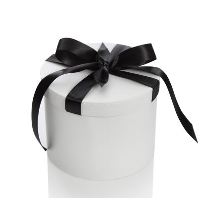 Personalised White Round Gift Box with Black Ribbon Bow