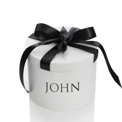 Personalised White Round Gift Box with Black Ribbon Bow