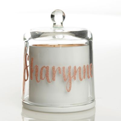 Personalised White Soy Candle with Glass Cloche - Style 7 in Rose Gold
