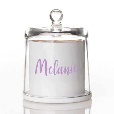 Personalised White Soy Candle with Glass Cloche - Style 1 in Lilac