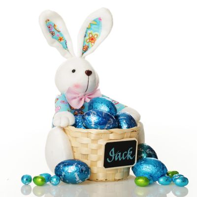 Personalised Woven Easter Basket with Blue Plush Bright Bunny
