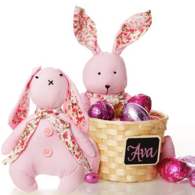 Personalised Woven Easter Basket with Pink Calico Bunny Pack