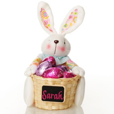 Personalised Woven Easter Basket with Pink Plush Bright Bunny