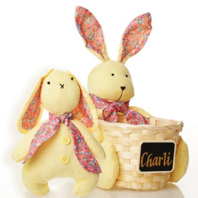 Personalised Woven Easter Basket with Yellow Calico Bunny Pack