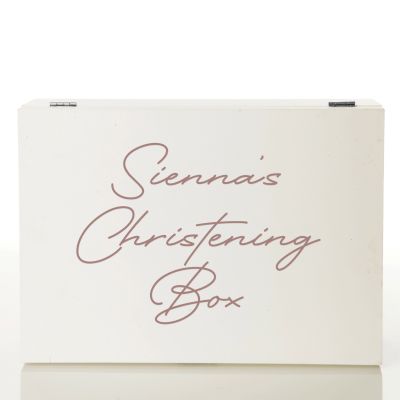 Personalised White Wooden Christening Keepsake Box - Style 3 in Rose Gold 