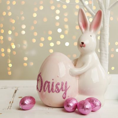 Personalised Easter Porcelain Standing Bunny with Pink Egg