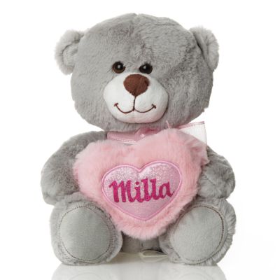 Personalised Grey Teddy Bear Holding Pink Fluffy Heart