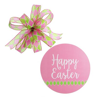 Pink and Green Diamonds Happy Easter Plaque and Bow Set