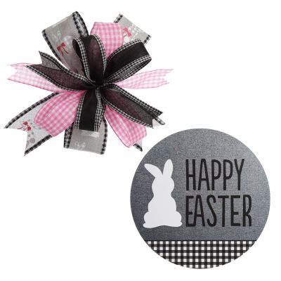 Grey and Pink Gingham Happy Easter Plaque and Bow Set