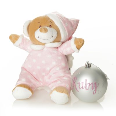 Pink Girl Starbright Teddy and Personalised Christmas Bauble Gift Pack