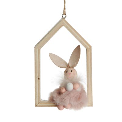 Pink Wood House Decoration with Bunny Inside