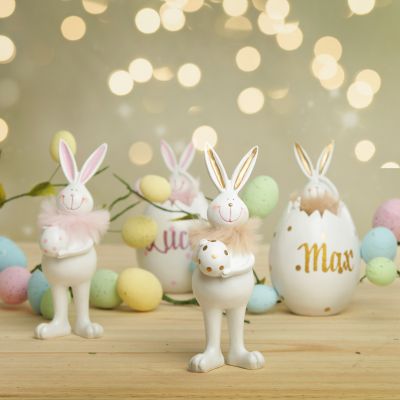 Standing Bunny Holding Egg with Gold Dots and Feathers