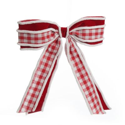 Red and White Check Christmas Bow with Fur Trim