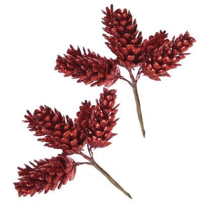 Red Glitter Pinecone Clusters - Set of 2