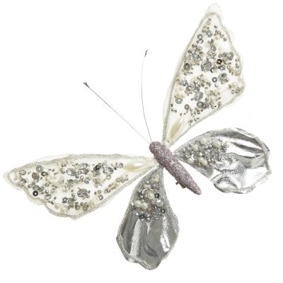 Shiny White and Silver Butterfly CLip with Sequin Embellishments