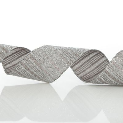 Silver Grey Glitter and Linen Striped Wired Ribbon - 6.5cm