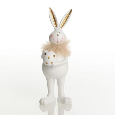 Standing Bunny Holding Egg with Gold Dots and Feathers