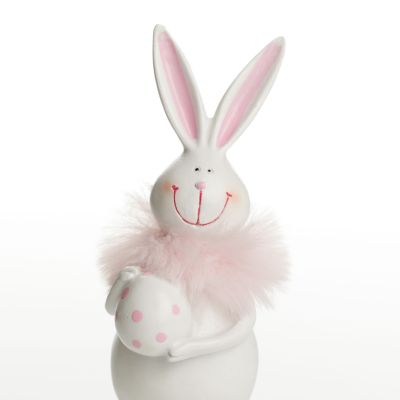 Standing Bunny Holding Egg with Pink Dots and Feathers